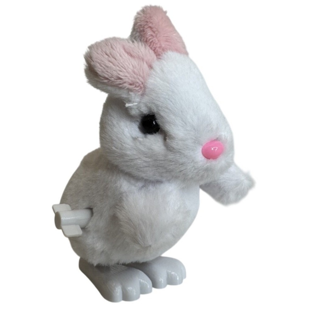 White Plush Wind Up Jumping Bunny Hopping Rabbit Toy Easter Basket Stuffer 3.5"
